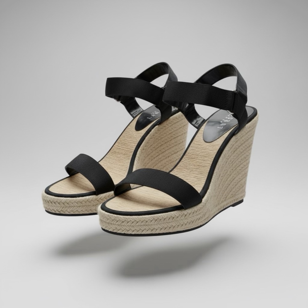 Ralph Lauren Black Espadrille Wedge Sandals with Natural Jute